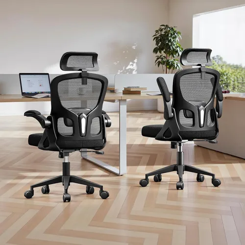 Vista 9 de Silla de oficina ergonómica, silla de escritorio de malla con reposacabezas ajustable y soporte lumbar, silla de computadora con ruedas con Negro