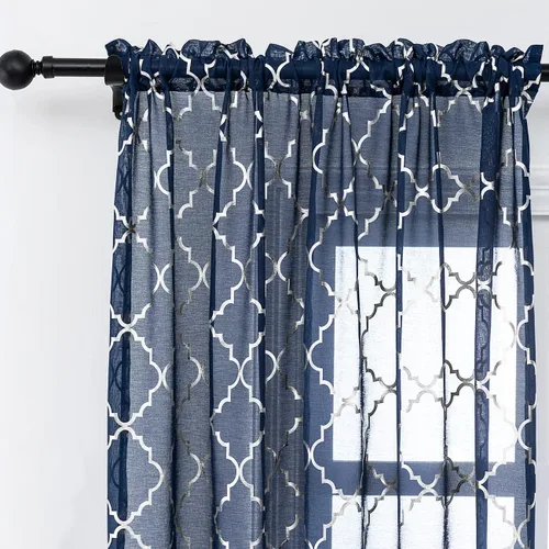 Vista 9 de Kotile - Cortinas doradas y blancas transparentes de 45 pulgadas de largo, juego de 2 paneles, con estampado marroquí metálico de ogee, cortinas