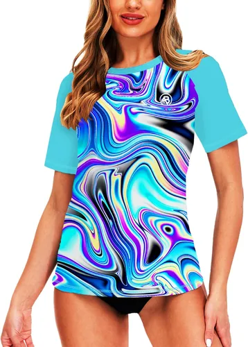 Vista 24 de AOBUTE Camisetas de natación de manga corta para mujer con protección solar degradada