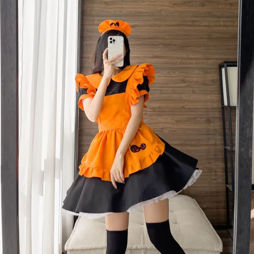 Vista 4 de Trajes de sirvienta de calabaza para mujer, vestido Lolita, restaurante, murciélago, vampiro, criada mágica, bordado, Halloween, cosplay