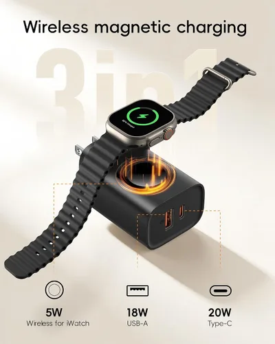 Vista 2 de VRURC Cargador para iPhone y Apple Watch, bloque de carga rápida USB C de 20 W, adaptador de viaje compacto 3 en 1 con 2 puertos para iPhone
