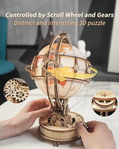 Vista 4 de ROKR Rompecabezas de madera 3D para adultos, rompecabezas de globo de madera con iluminación LED, kits de construcción de modelos, decoración