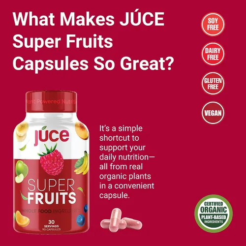 Vista 4 de Terra Kai Organics Juce Formula, Superfruta orgánica - Sin gluten/gelatina, sin soja y vegana- Cápsulas de superalimentos Rojos- 23 frutas