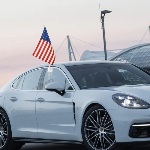 Vista 7 de Paquete de 2 banderas de automóvil, bandera de Estados Unidos para exteriores con bandera estadounidense y mástil, el clip para ventana con logotipo