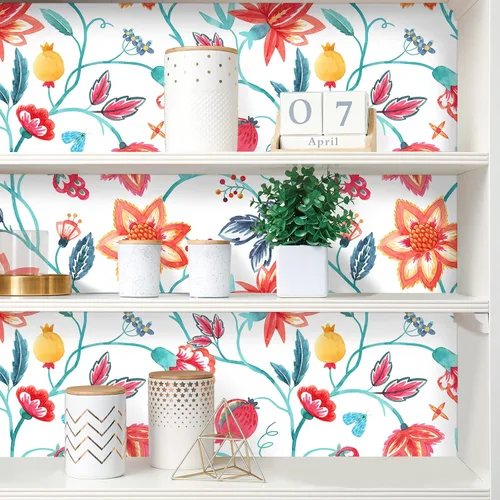 Vista 5 de VaryStyle Papel tapiz floral rojo naranja para despegar y pegar, bohemio, 17.7 x 118 pulgadas, papel de contacto con flores de bosque tropical