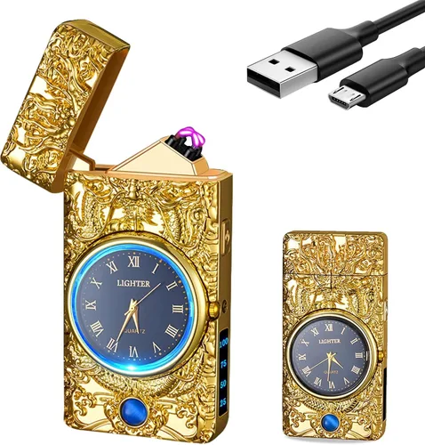 Vista 11 de GADATOP Encendedor eléctrico recargable a prueba de viento, encendedor de plasma con alivio de delfines 3D, reloj integrado con luz LED para uso
