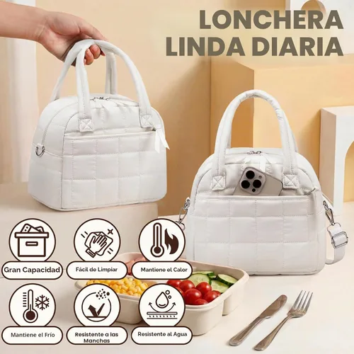 Vista 4 de LEDAOU Lonchera para Mujeres, Bolsa de Almuerzo Acolchada con Relleno Puffer, con Correa Ajustable, Aislada, Reutilizable, para el Trabajo, Escuela
