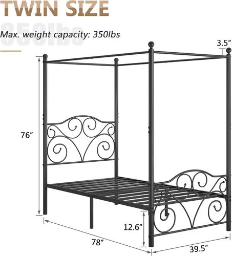 Vista 2 de VECELO Base de cama con dosel de metal, tamaño individual, base de colchón con plataforma de 4 pósteres con cabecero, soporte de listones de acero