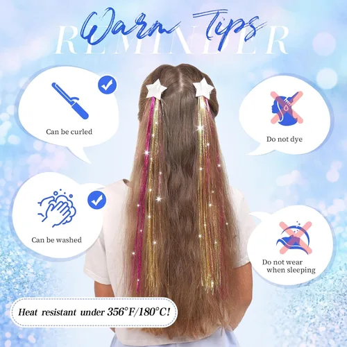 Vista 5 de FESHFEN Juego de 12 extensiones de cabello con clip, color negro, con clip, con purpurina, kit de accesorios coloridos para mujeres, de 20 pulgadas