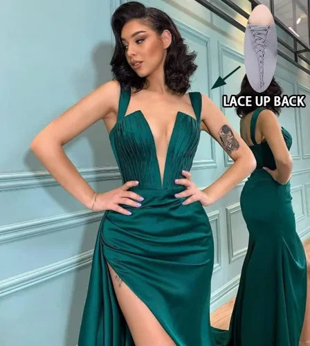 Vista 2 de Vestidos largos de satén para baile de graduación, cuello en V profundo, tirantes delgados, abertura de sirena, plisados, vestidos de fiesta