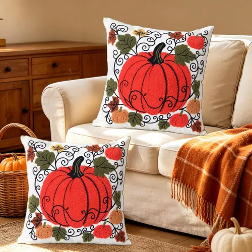 Vista 2 de Pack of 2 Embroidered Decorative Throw Pillow Cover 18x18 Inch Farmhouse Floral Pillowcase for Living Room Sofa Bed (Big Pumpkin)