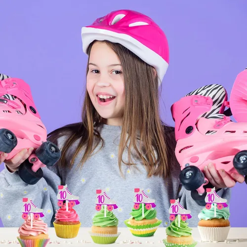 Vista 4 de 18 piezas de decoración de cupcakes para fiestas de cumpleaños número 10, decoración de patín rosa y morado para niños de 10 años y niñas, fiesta