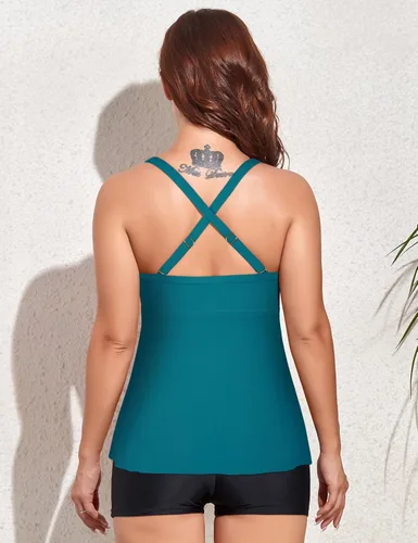 Vista 6 de Firpearl Traje de baño tankini con aros para mujer, con cuello en V torcido, para busto grande, ajuste holgado