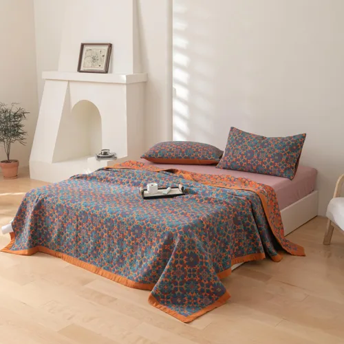 Vista 4 de Manta de 100% Algodón Muslin Jacquard con Estampado Floral Bohemio Mandala, Manta Suave para Cama 3 Capas Reversible Cubrecama Transpirable y Ligera