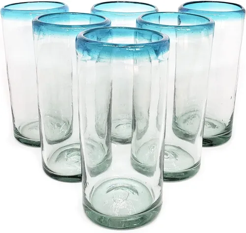 Vista 17 de Aqua Blue Rim - Juego de 6 vasos de 10 onzas (10 onzas) hecho a mano mexicana, vidrio reciclado, sin plomo, sin toxinas (mezclador)