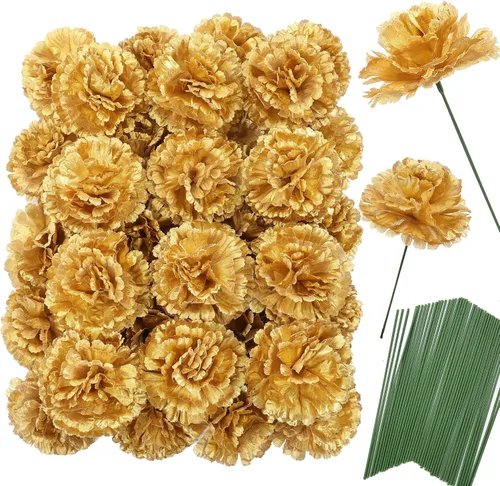 Vista 12 de Paquete de 50 palillos de clavel de seda artificial, cabezas de clavel de flores artificiales con tallos para bricolaje, ramos de boda, centros