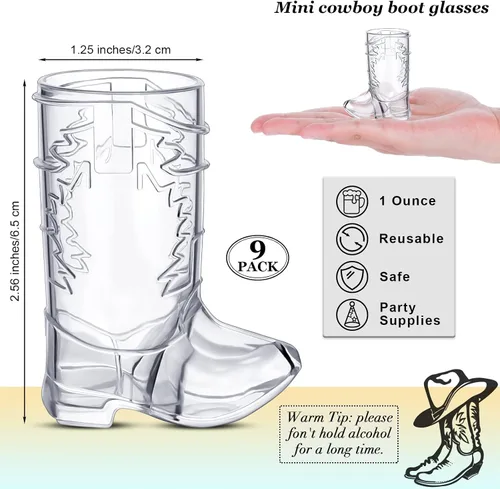 Vista 2 de ADXCO 9 vasos de vaquero transparentes de 1 onza, mini vasos de tiro para botas de vaquero, vasos de plástico para botas de vaquero occidental