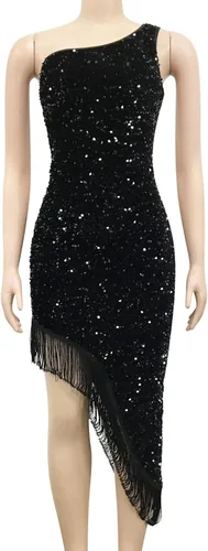 Vista 4 de Vestido de discoteca con lentejuelas y flecos para mujer, con purpurina, sexy, de un hombro, vestido de fiesta de graduación, formal, asimétrico