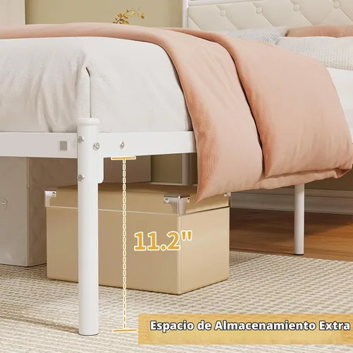 Vista 6 de Elephance Base de cama individual con cabecero tapizado, plataforma de metal con espacio de almacenamiento de 11.2 pulgadas, con botón capitoné,