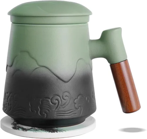 Vista 14 de ZENS Taza de té con infusor y tapa para colador de té de hojas sueltas, taza de té de cerámica de 15.2 oz con coladores de té finos y posavasos