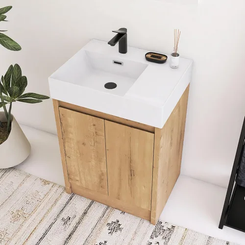 Vista 16 de Tocador de baño pequeño de 16 pulgadas con lavabo, tocador de baño independiente de 16" para espacios pequeños, gabinete de madera contrachapada