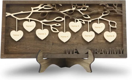 Vista 11 de Regalos para mamá, letrero de árbol familiar personalizado con nombres personalizados, placas de madera, decoración grabada con nombres familiares