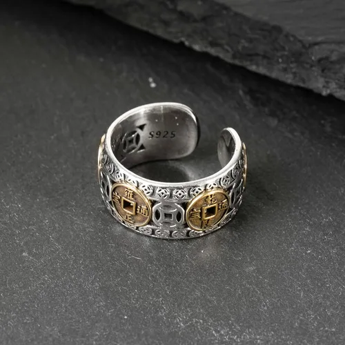 Vista 3 de Anillos de moneda de Feng Shui de plata de ley 925, anillo de dinero de la suerte para hombres y mujeres para atraer el éxito de la fortuna, Metal