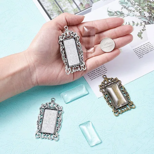 Vista 6 de KISSITTY 10 piezas de bandeja colgante rectangular de bronce plateado antiguo en blanco con 10 piezas de azulejos de cúpula de vidrio transparente