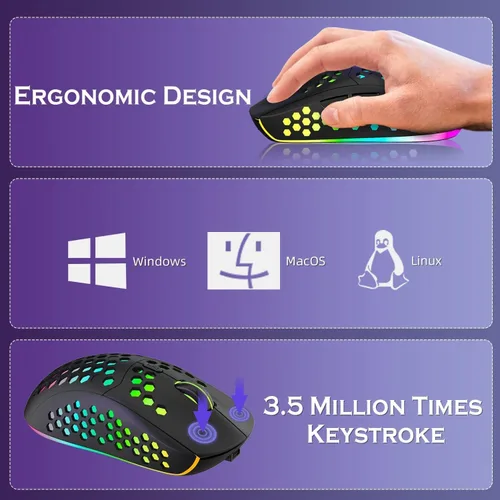 Vista 9 de Mouse inalámbrico ligero para juegos, mouse recargable UHURU WM-08 con carcasa de panal de abeja, 11 modos de luz LED, 4 DPI ajustables, mouse RGB