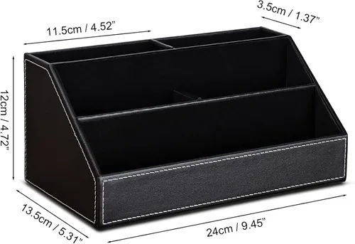 Vista 3 de KINGFOM™ Caja de almacenamiento y organizador de papelería multifunción para escritorio; estructura de madera y piel para la oficina del hogar; Negro