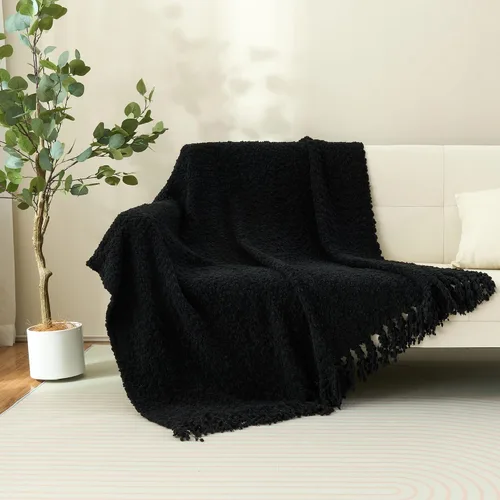 Vista 3 de Manta para sofá, lujosa de punto negra de 50"x60", con textura y borlas confeccionada a mano, para cama, sofá, decoración rústica y boho
