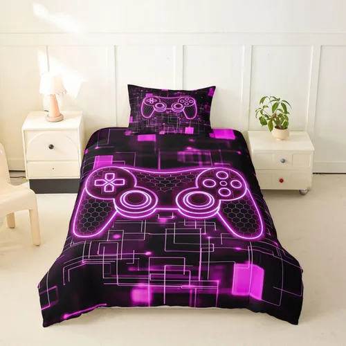 Vista 12 de Juego de funda de edredón con diseño de videojuegos para niños, tamaño individual, negro y azul a cuadros, juego de ropa de cama moderna