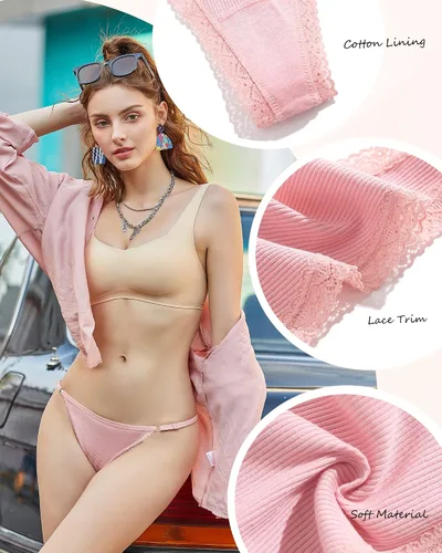 Vista 3 de FINETOO Tangas ajustables para mujer, ropa interior de algodón de baja altura con espalda en T, tangas sexy con ribete de encaje, transpirable