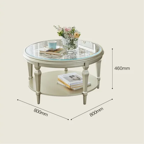 Vista 3 de Mesa de té para sala de estar, mesa de centro redonda de madera moderna con tallado calado y parte superior de cristal, 31.4/39.3 pulgadas, elegante