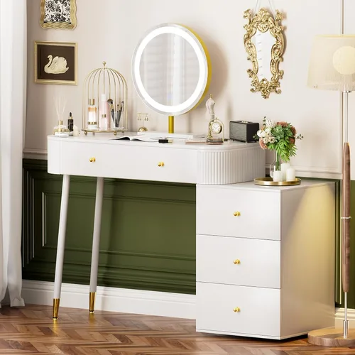 Vista 11 de WinZo Mesa de tocador de 24" con espejo y luces, pequeña mesa de tocador de maquillaje con 1 cajón de almacenamiento, elegante mesa de tocador