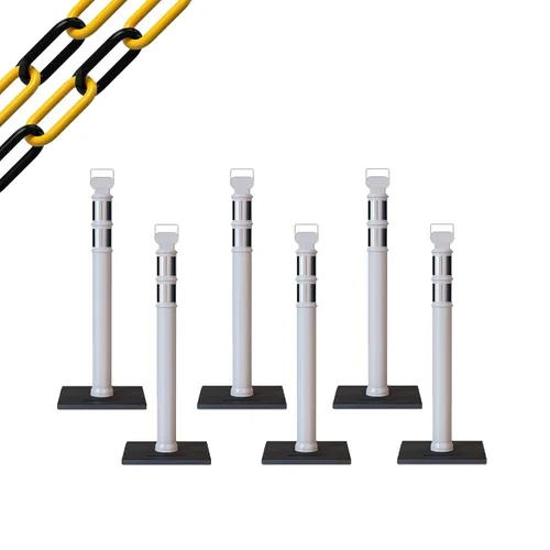 Vista 11 de CCW 6-Pack 45" Delineador Post Kit Kit de 3.0 in collares reflectantes, base de goma de 10 lb (6 postes blancos con cadena negra de 50 pies)