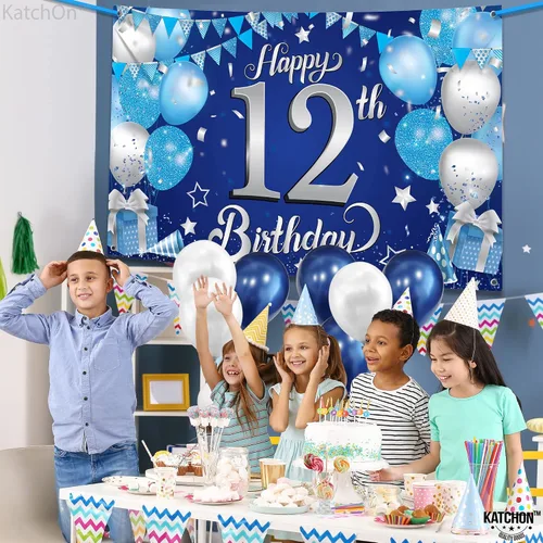 Vista 3 de KatchOn, Cartel de feliz cumpleaños número 12, 72 x 44 pulgadas, decoración de fiesta de feliz cumpleaños número 12 azul y plateado para niños