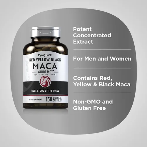 Vista 4 de Piping Rock Cápsulas de raíz de maca 150 píldoras en polvo para mujeres y hombres Rojo, amarillo y negro Suplemento sin OMG, sin gluten