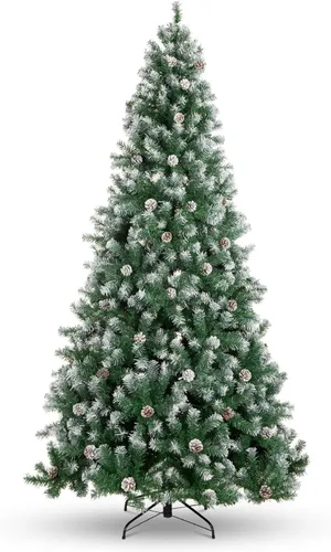 Vista 3 de CuisinSmart Árbol de Navidad artificial preiluminado con nieve, 7.5 pies, luces transparentes, sugerencias completas de PVC, conos de pino, montaje
