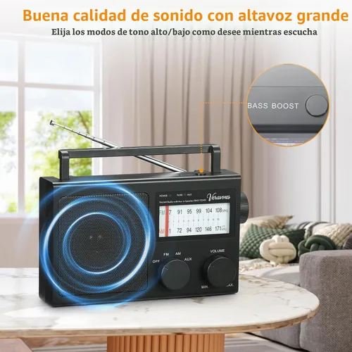 Vista 6 de Radio AM/FM portátil con control de graves AC y batería Negro