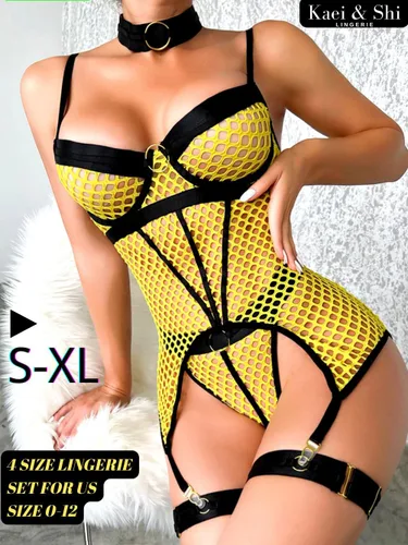 Vista 4 de Kaei&Shi Rave Outfits Fishnet, tiras exóticas sin espalda, gargantilla liguero lencería