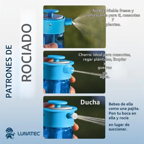 Vista 3 de Lunatec® Botella de agua con atomizador de 25.4 fl oz de niebla, ducha e hidratación. 3 en 1 enfriamiento, limpieza y bebida con patrones de niebla
