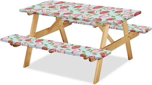 Vista 24 de Funda de mesa de picnic con fundas de banco, resistente al viento, resistente a las manchas, mantel de camping y accesorios de viaje, juego de 3