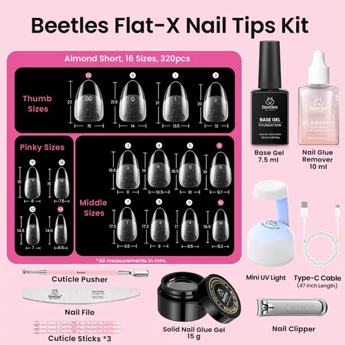 Vista 3 de Beetles - Kit de uñas de gel FlatX, almendra corta, 320 puntas de uñas de 16 tamaños, con pegamento sólido de uñas de 0.5 onzas, removedor