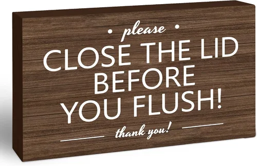 Vista 12 de 3x5 Bathroom Wooden Block Sign, Please Close Lid Before Flushing, Black