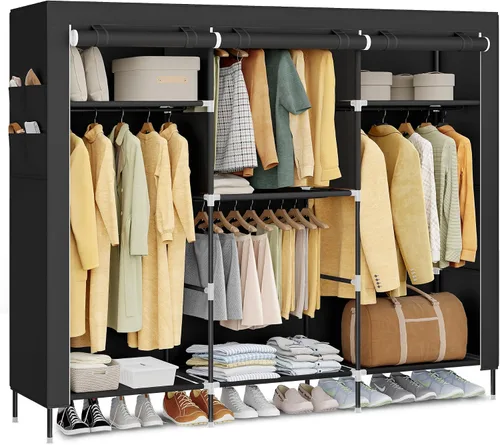 Vista 10 de SONGMICS Armario portátil, organizador de almacenamiento de ropa con 6 estantes, 1 riel para colgar ropa, armario de tela no tejida, marco de metal