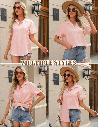 Vista 2 de HOTOUCH Camisa con botones para mujer, de algodón, de manga corta, cuello en V, con botones, para verano y playa