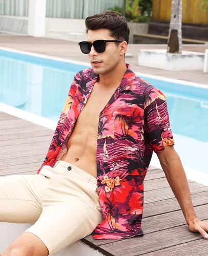 Vista 7 de MRIGNT Men's Hawaiian Shirt Short Sleeves Printed Button Down Summer Beach Shirts