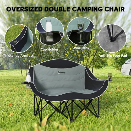 Vista 4 de Outsunny Double Camping Chair for Adults, Padded Folding Camp Chair for 2 Person with Armrest, Wine Glass Holder, Cup Holder, Carry Bag for Outdoor