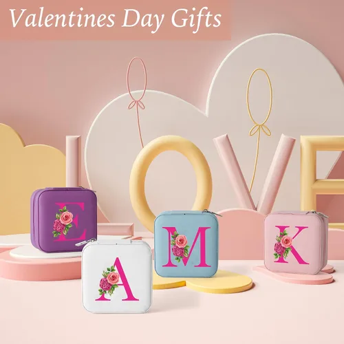 Vista 7 de Parima Joyero de viaje rosa con flores Organizador de aretes, collares, anillos con espejo Regalos para mujeres y niñas Joyero personalizado